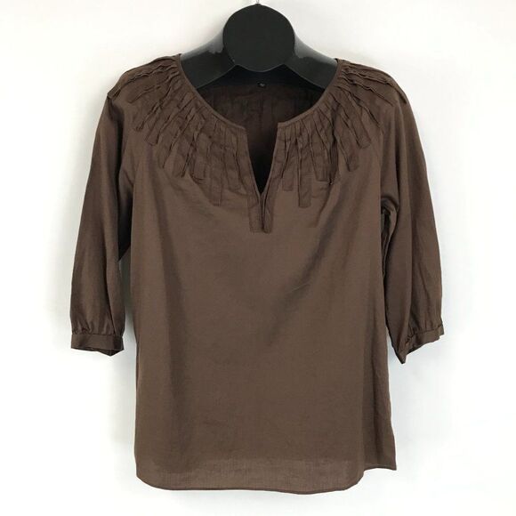 Talbots Split Neck Popover Top Women's Size Small Brown 3/4 Sleeve Textured Boho - Picture 1 of 10